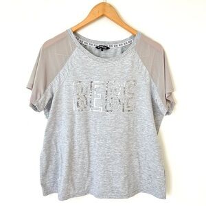Bebe Sport Gray Sequin Logo Short Mesh Sleeves Womens 1X
